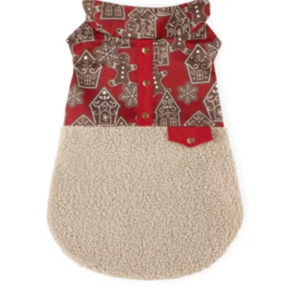 Paw &‎ Tail Red Gingerbread Dog Vest with Tan Sherpa Fur Christmas outfit medium